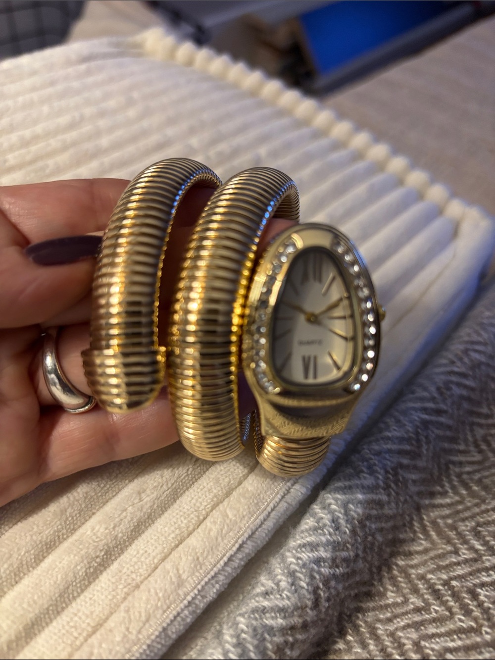 Gold Coil Wrap Watch Bracelet with Rhinestone Accents